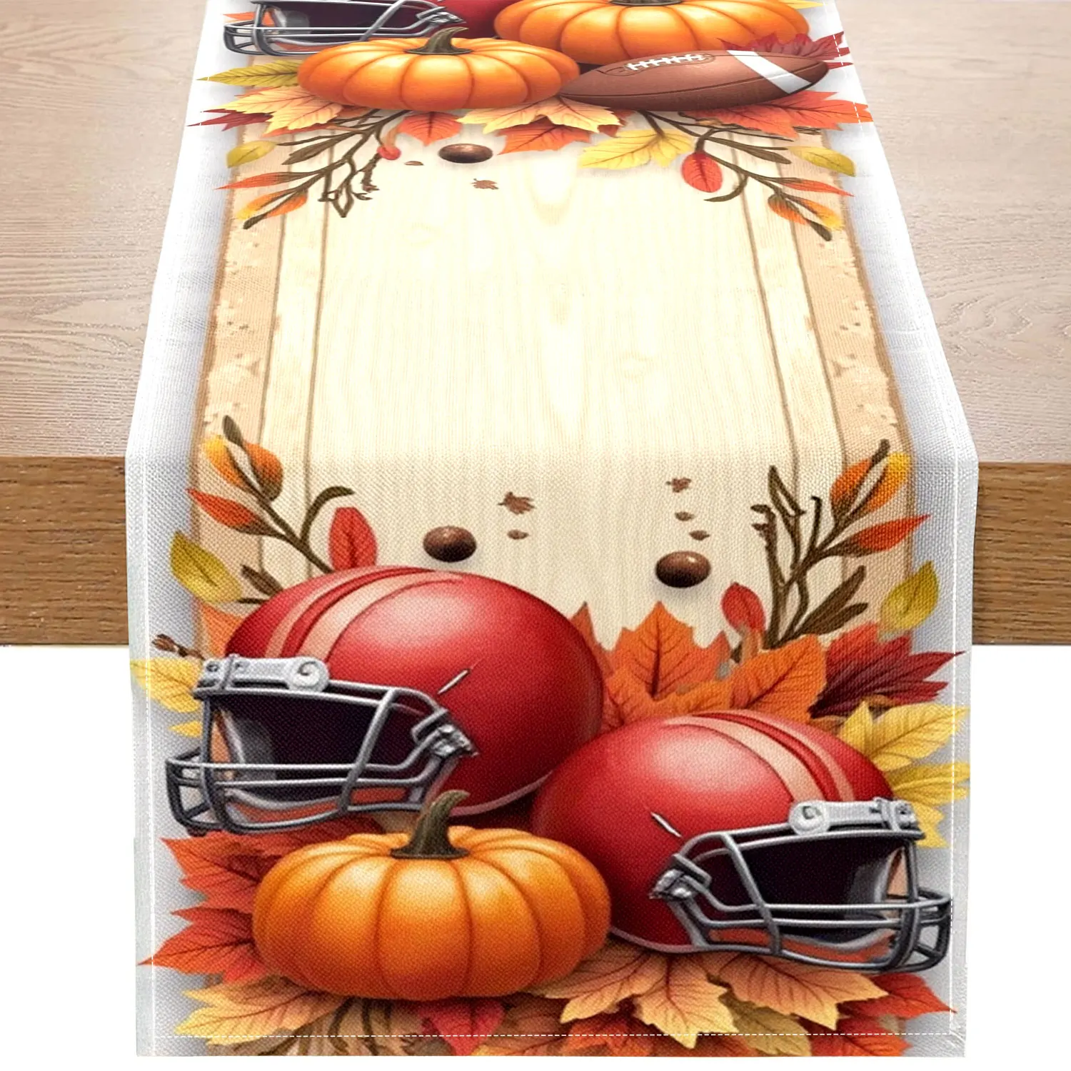 

Цельная дорожка для стола с осенней тыквой, украшенная тыквой, бейсболками и цветами, подходит для украшений на осень и День Благодарения.