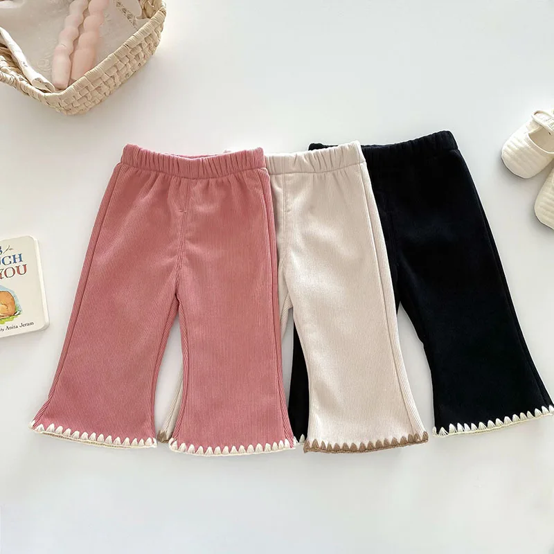 MILANCEL New Winter Kids Bell-bottoms 0-5T Girls Cute Solid Color Fleece Padded Trousers Children Warm Casual Pants