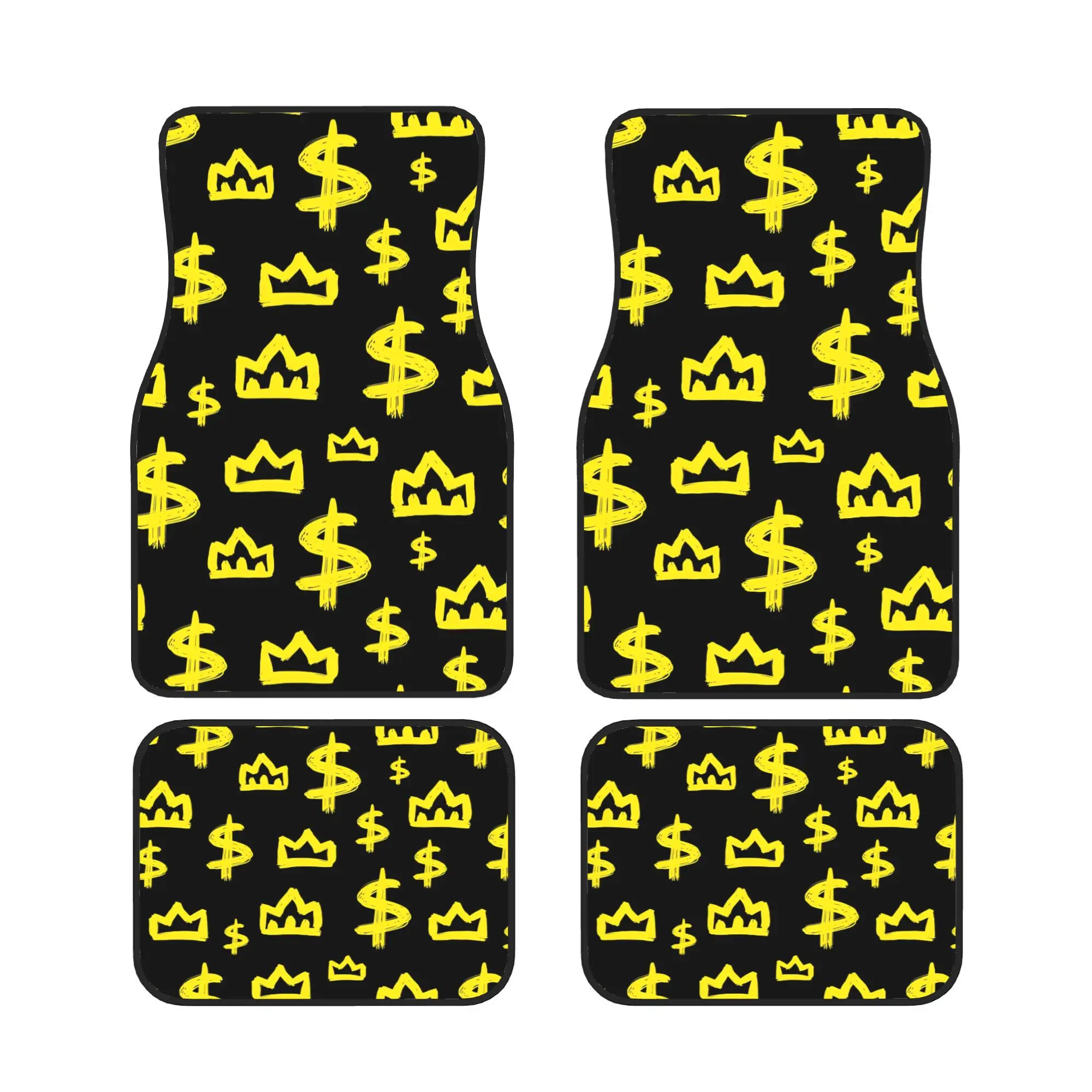 Set Of Four Car Floor Mats Featuring A Golden Dollar Sign And A Vibrant Money-Themed Pattern, Designed With A Easy Yet Elegant S