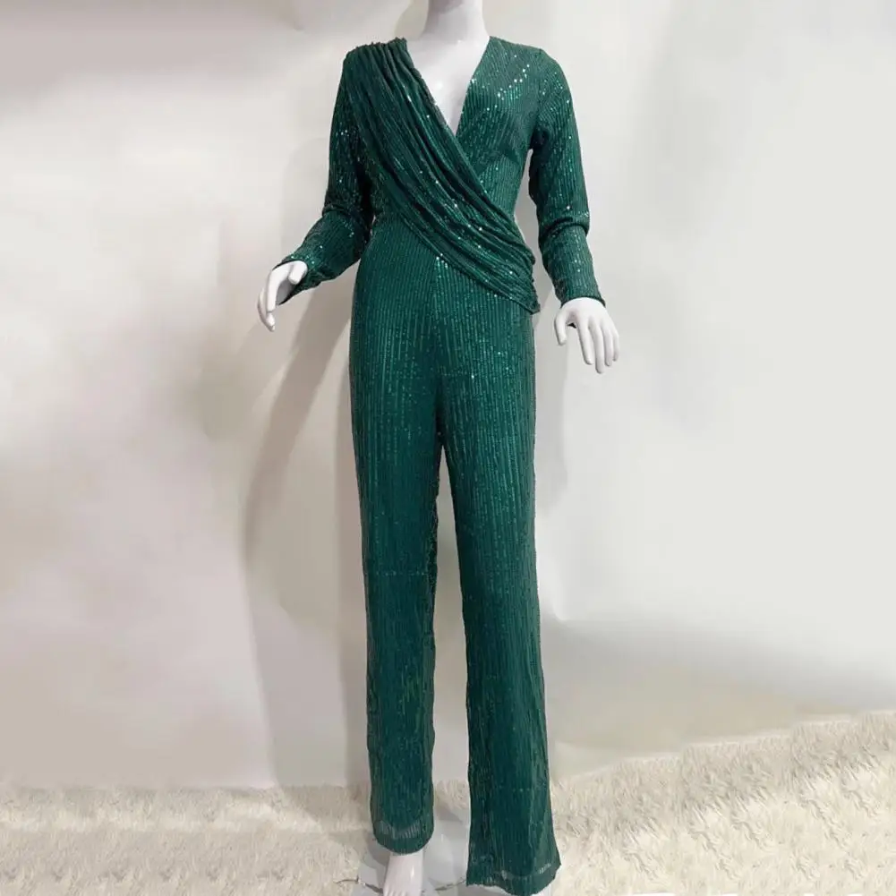 V-neck Sequined Jumpsuit Elegant Sequin V Neck Jumpsuit for Women Slim Fit Formal Occasion Outfit with Long Sleeves for Cocktail