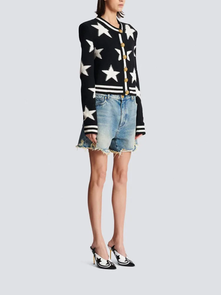 spring and summer black and white color collision patchwork pentagram round neck wool knitwears2023 loose casual long sleeve top