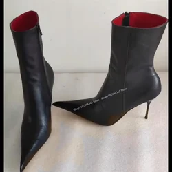 Black Real Leather Mid Calf Zipper Boots Pointed Toe Thin High Heel Cool Fashion Sexy Winter 2024 Woman Shoes Zapatillas Mujer