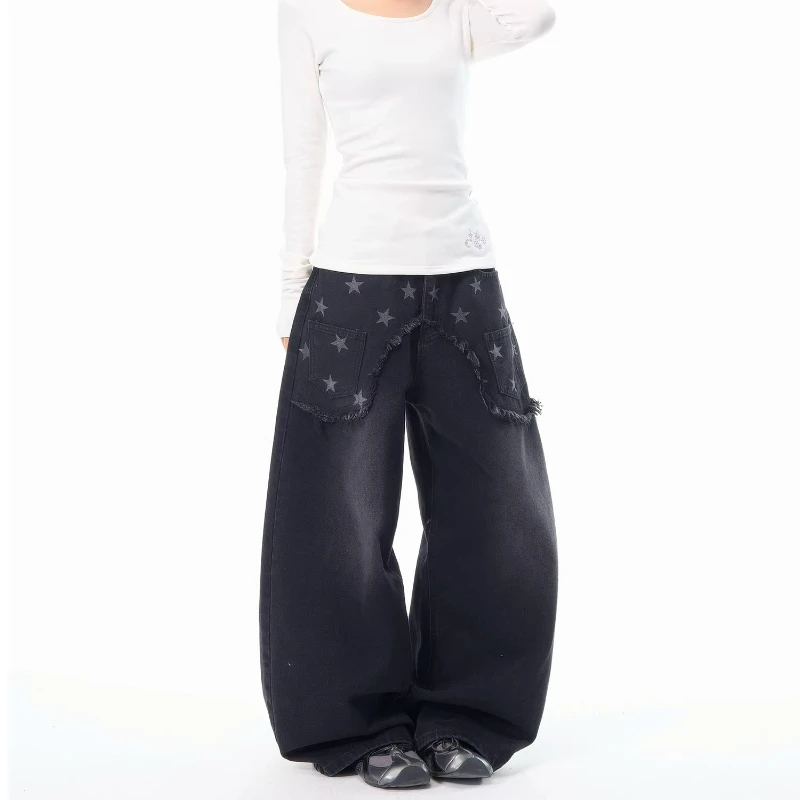 American Retro Design Star Print Women's Jeans 2025 Autumn Winter New Loose Thin High Waist Versatile Wide-leg Trousers Ladies