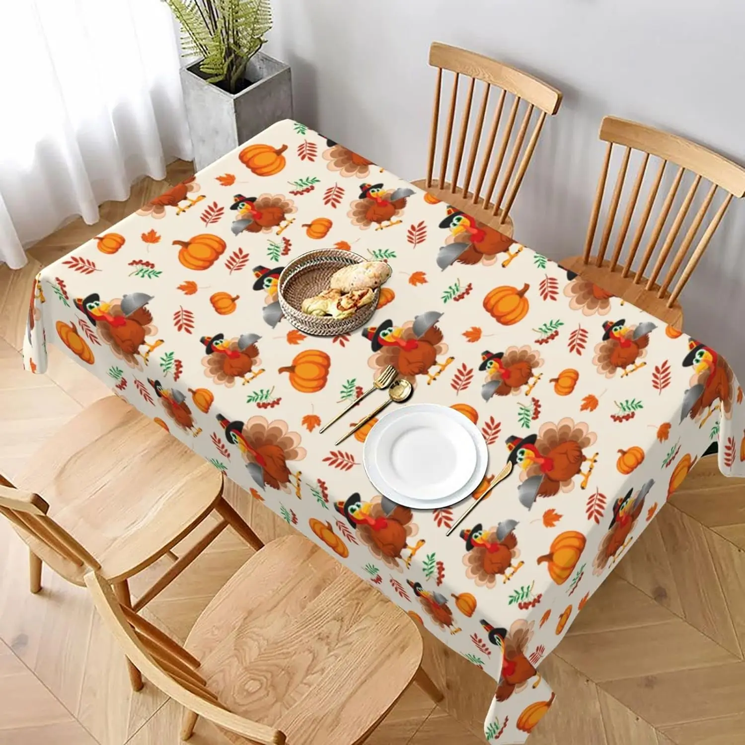 Fall Harvest Turkey Pumpkin Rectangle Tablecloth for Table Decor Reusable Kitchen Dining Tablecloth Autumn Decorations