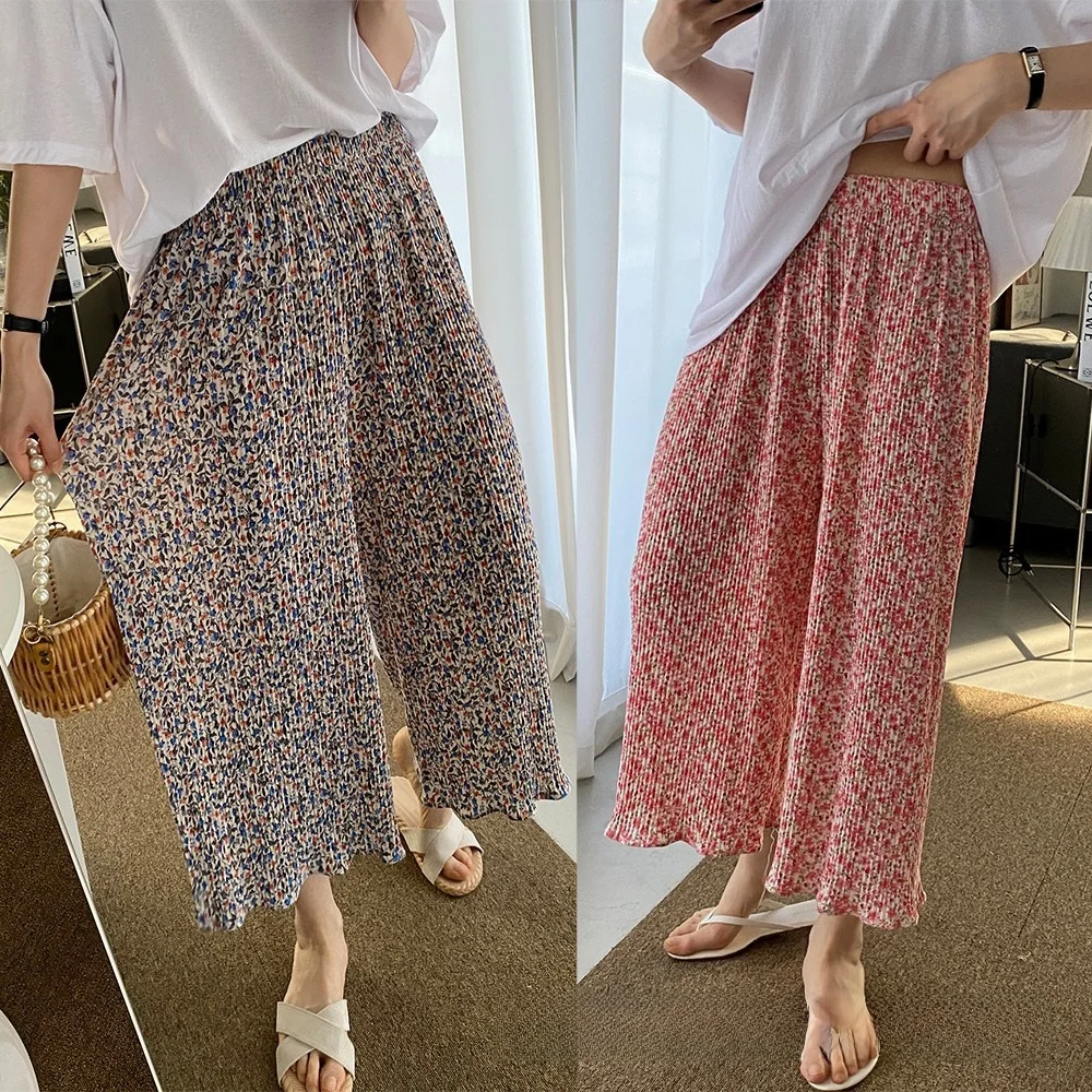 Ice Silk Wide Leg Pants Women's Thin High Waist Draped Pleated Lazy Style Floral Home Casual Sleepwear Trousers