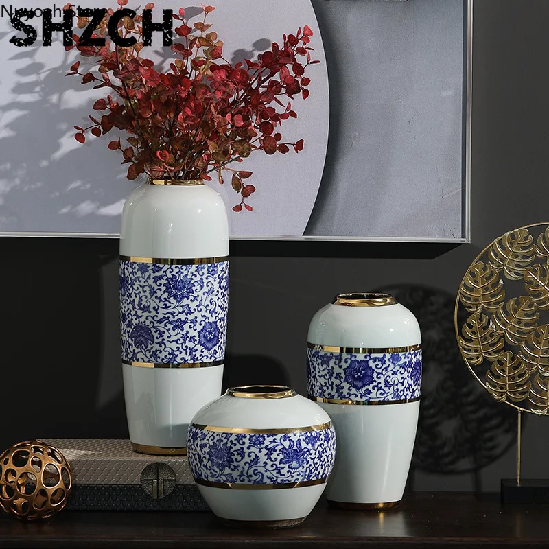 Blue and White Ceramic Countertop Vase Dried Flower Flower Arrangement Golden Stroke Ceramic Vase Living Room Decoration Modern