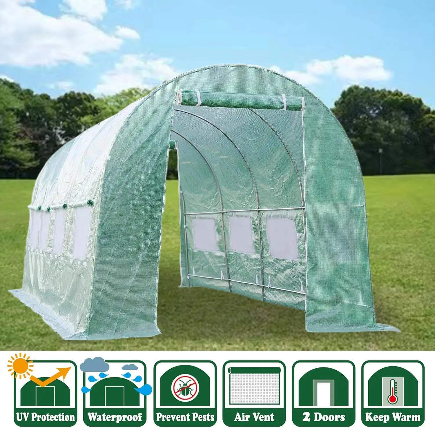 Replacement Cover For Portable Greenhouse, Large Walk-In Green Hot Garden House Top Tarp 2 Zippered Doors 8 Roll-Up Windows