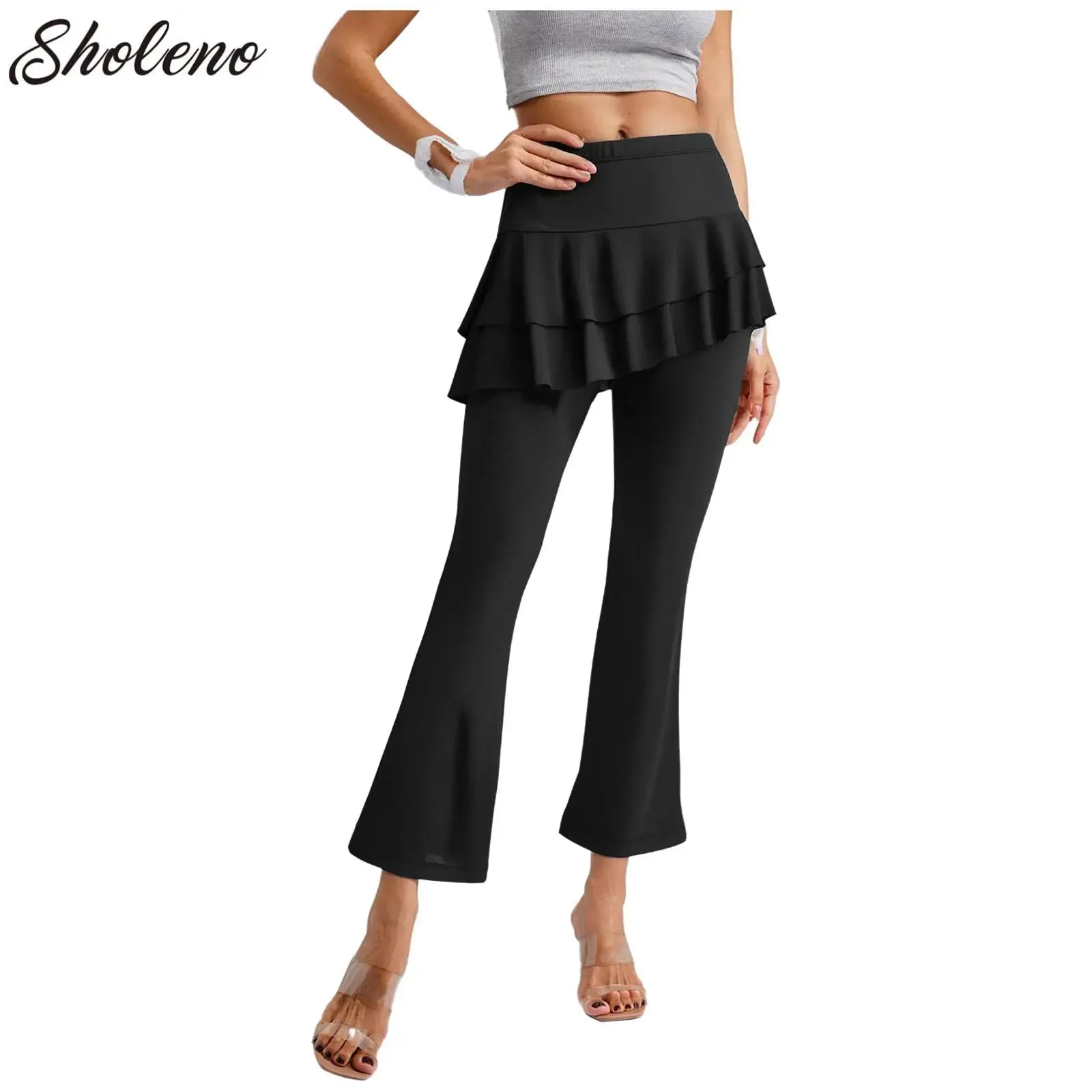 

Women Latin Dance Pants Ballroom Tango Cha-Cha Tiered Culottes Trousers Performance Practice Costume Lady Square Dance Pants
