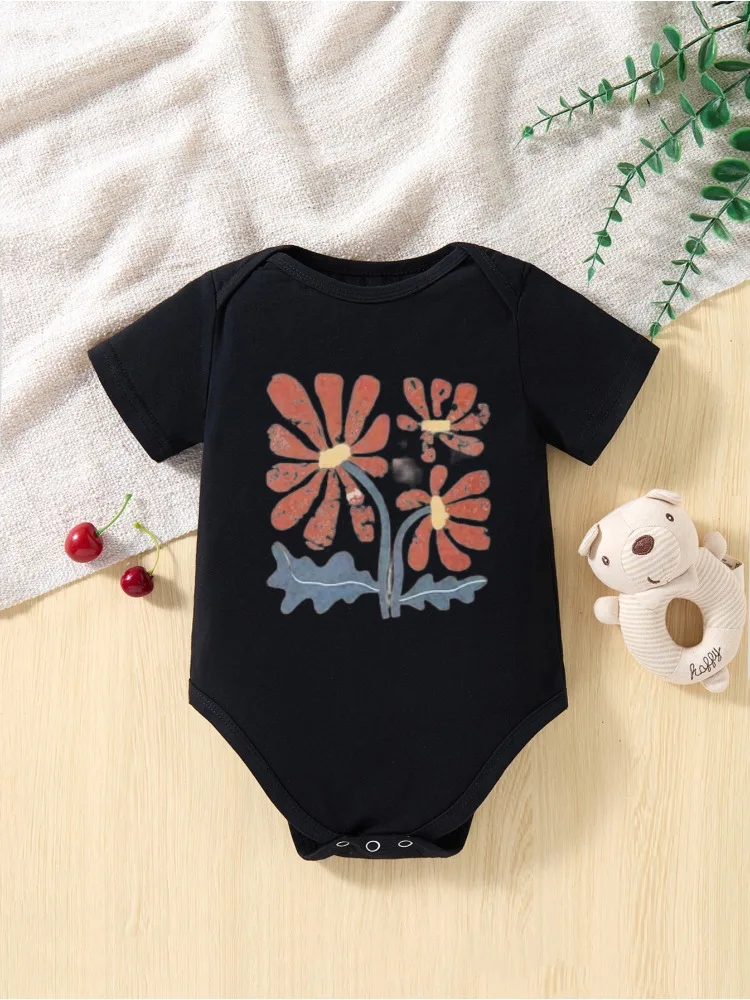 

​Children's Black Bodysuit Orange Red Flowers with Yellow Centers Blue Green Leaves Unisex For Spring Season Wear​