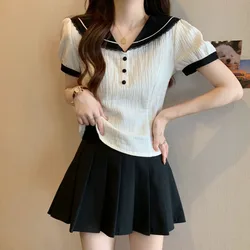 2024 Summer New French Style Chic Sailor Collar Shirts Women's Preppy Style Patchwork Button Commute Short Sleeve T-shirts Tops