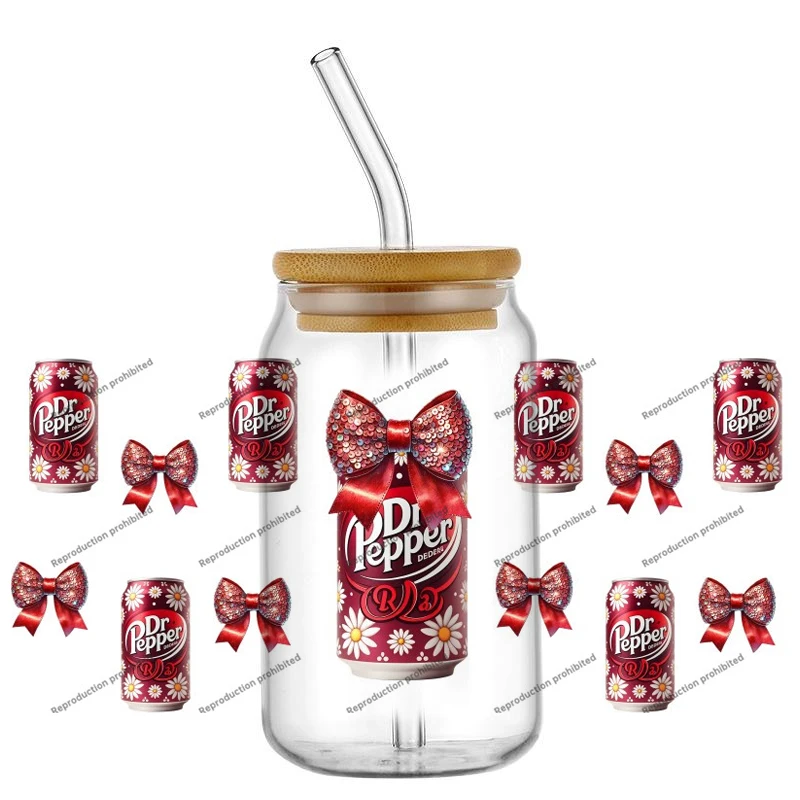 Miniso 16OZ Dr Pepper Design UV DTF Cup يلتف ملصق نقل مقاوم للماء لزجاج Libbey يمكن القدح لذيذ الصودا جاهز للتطبيق
