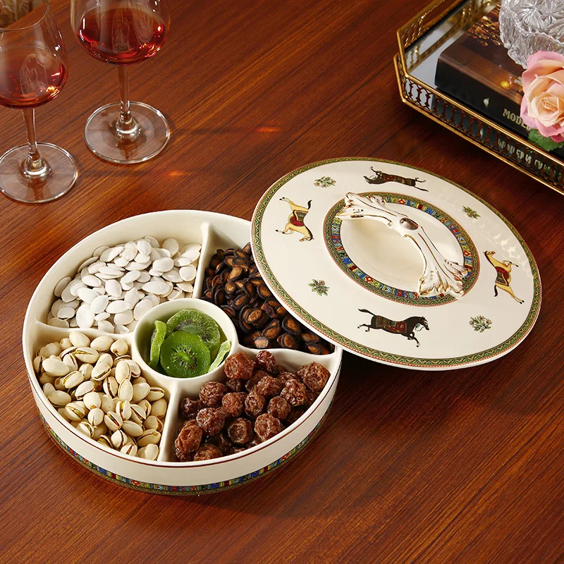 

Chinese New Year snack plate, luxurious European style dried fruit plate, divided into compartments with lid, living room