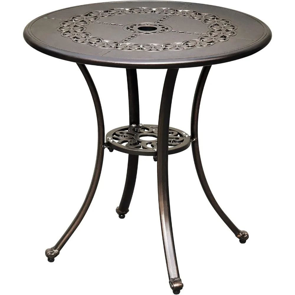 25 Inches Round Patio Dining Table with Umbrella Hole, Antique Cast Aluminum Outdoor Bistro Table Outdoor Side Table