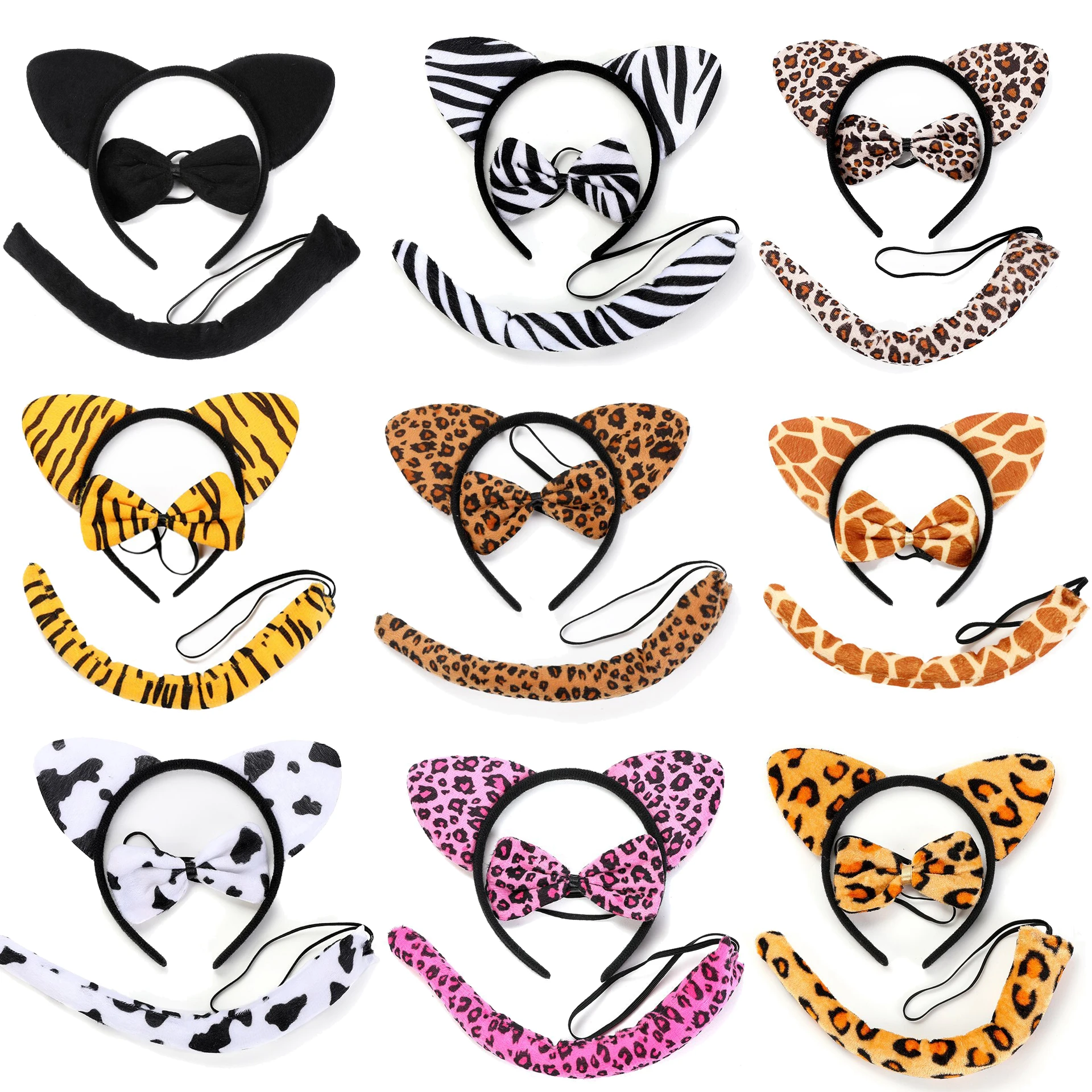 Leopard Cat Ear Headband for Cat Ear Hair Hoops Night Party Animal Dress Up Hairband Tie Tail Cow Tiger Print Headbands Clip