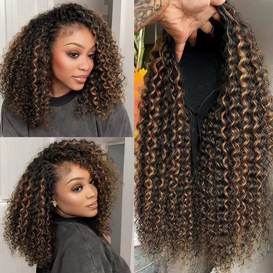 

1B/30 Highlight Kinky Curly Half Bob Парик Человеческие волосы Для начинающих Плотность 200 3 в 1 Бесшовные флип-парики на шнурке Wear Go