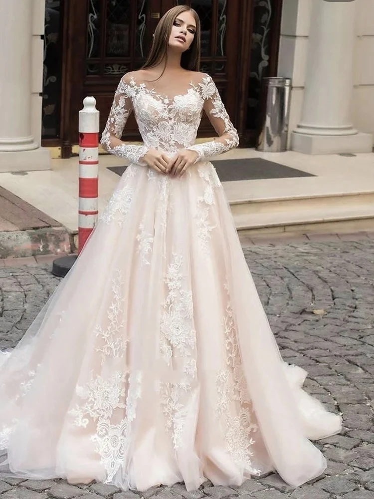 Vestidos de casamento requintados para mulheres, vestidos de noiva, apliques de renda, mangas compridas, o pescoço, vintage, luxo, 2024