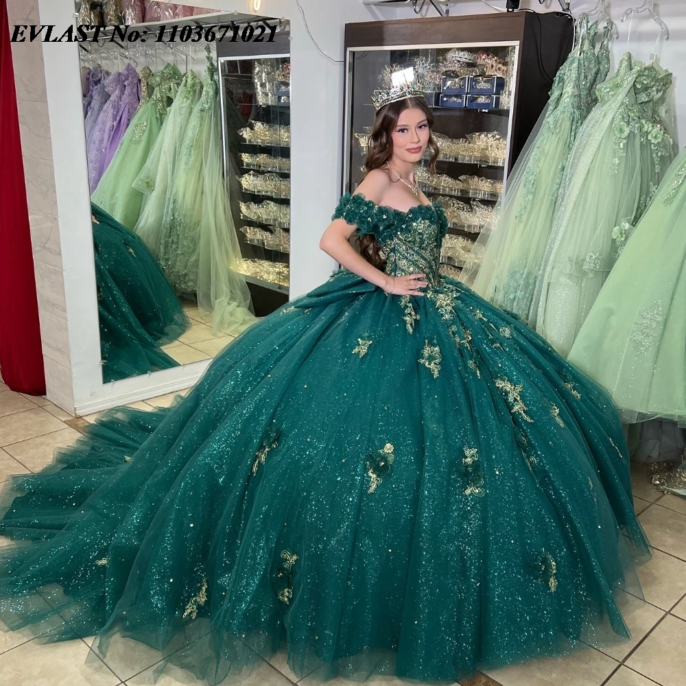 EVLAST Maßgeschneidertes grünes Quinnceanera-Kleid, Ballkleid, glänzende Spitze, Perlenstickerei, Schleife, Korsett, Sweet 16, Vestidos de 15 Anos SQ641