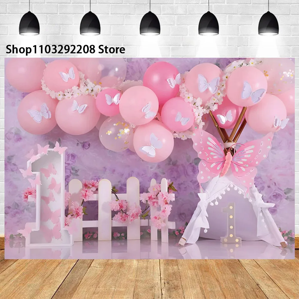 Flowers Balloons Butterfly Theme Girls 1st Birthday Party Baby Shower Cake Smash  Portrait Photography Background Photo Studio