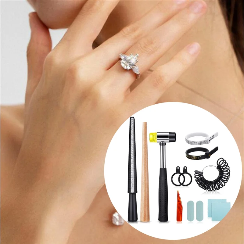 A26F-Ring Size Measuring Tool Belt 11 Piece Ring Mandrel Set, Ring Mandrel Jewelry Hammer Ring Sizing