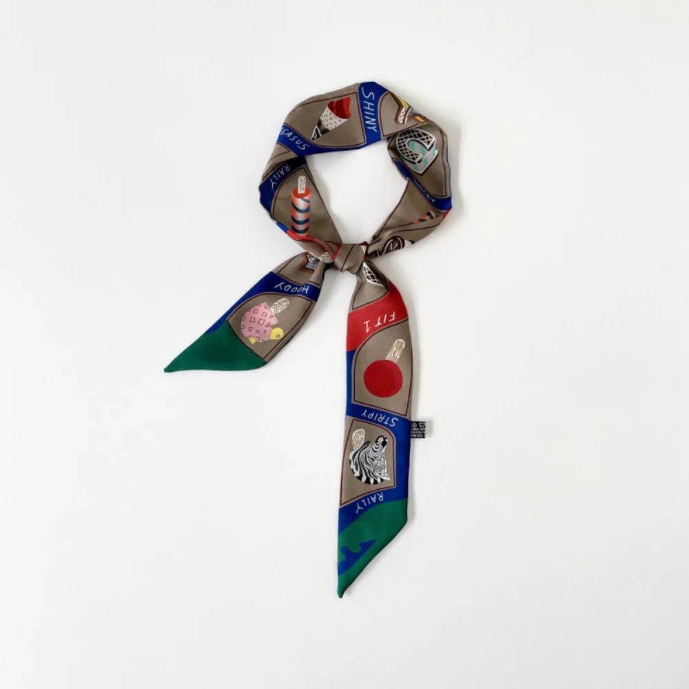 Simple Bow Ties Long Silk Scarf Printed Ice Cream Plaid Scarf Floral Hair Band Long Ribbon Scarves Women