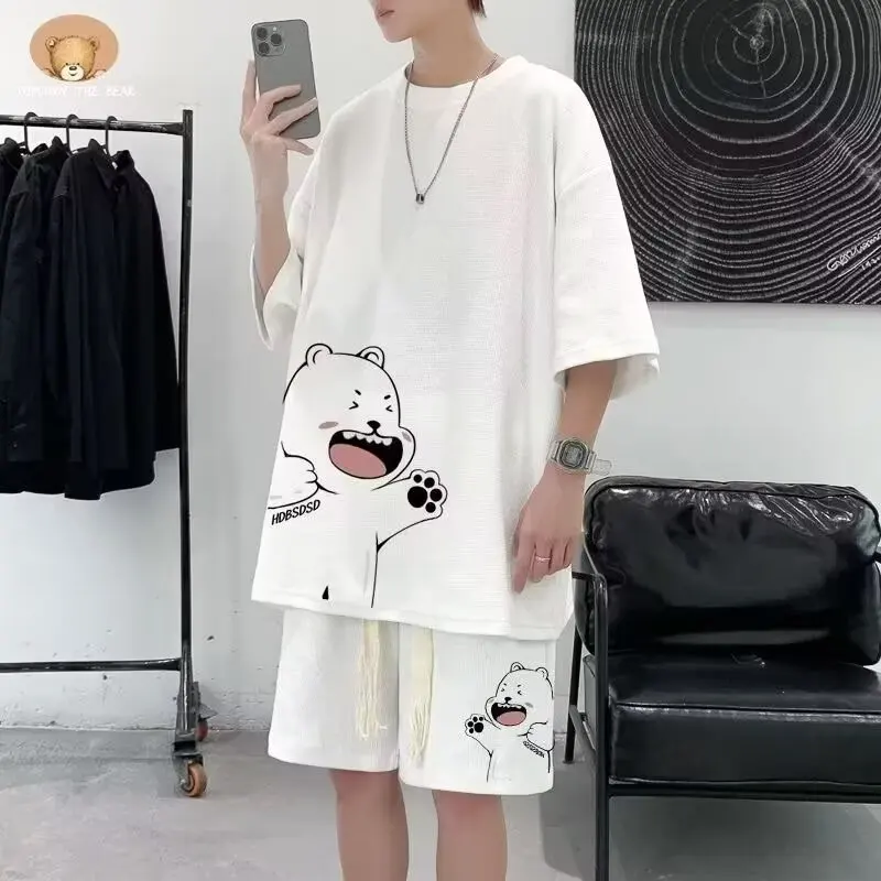 Summer Man Tracksuit Japan Cartoon Streetwear Hip Hop Rock Casual Short Suit Cool Printed waffle T Shirts Shorts 2 Piece Set New