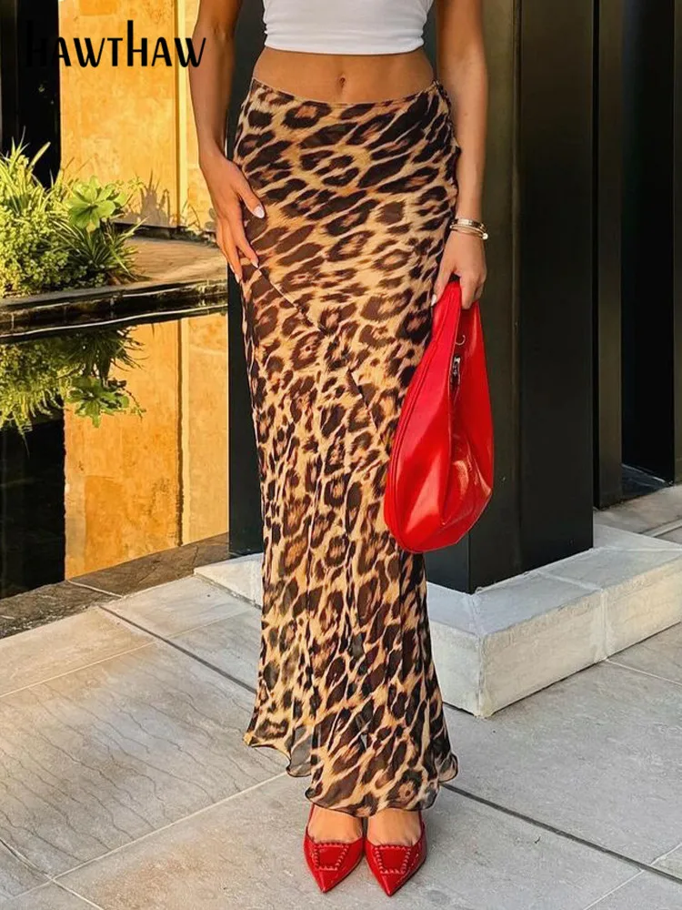 

Hawthaw Women High Waisted Leopard Party Club Streetwear Long Skirt Bottom 2024 Summer Clothes Wholesale Items For Business