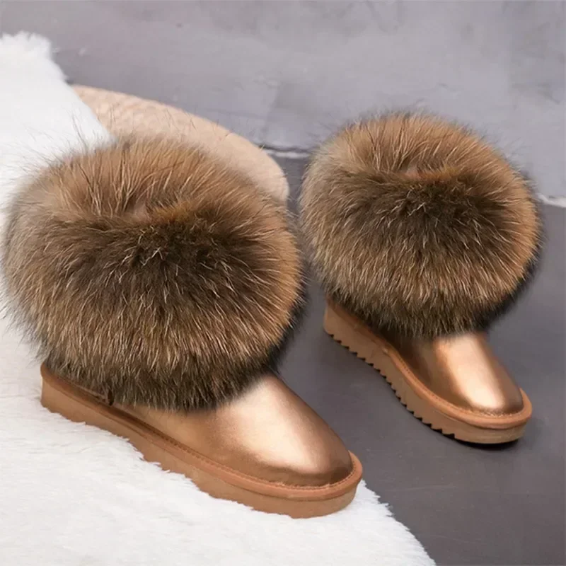 Careaymade-Luxury Winter Snow Boots Women Natural Real Fox Fur Boots Waterproof Genuine Suede Leather Boots Flat Short Boots 12