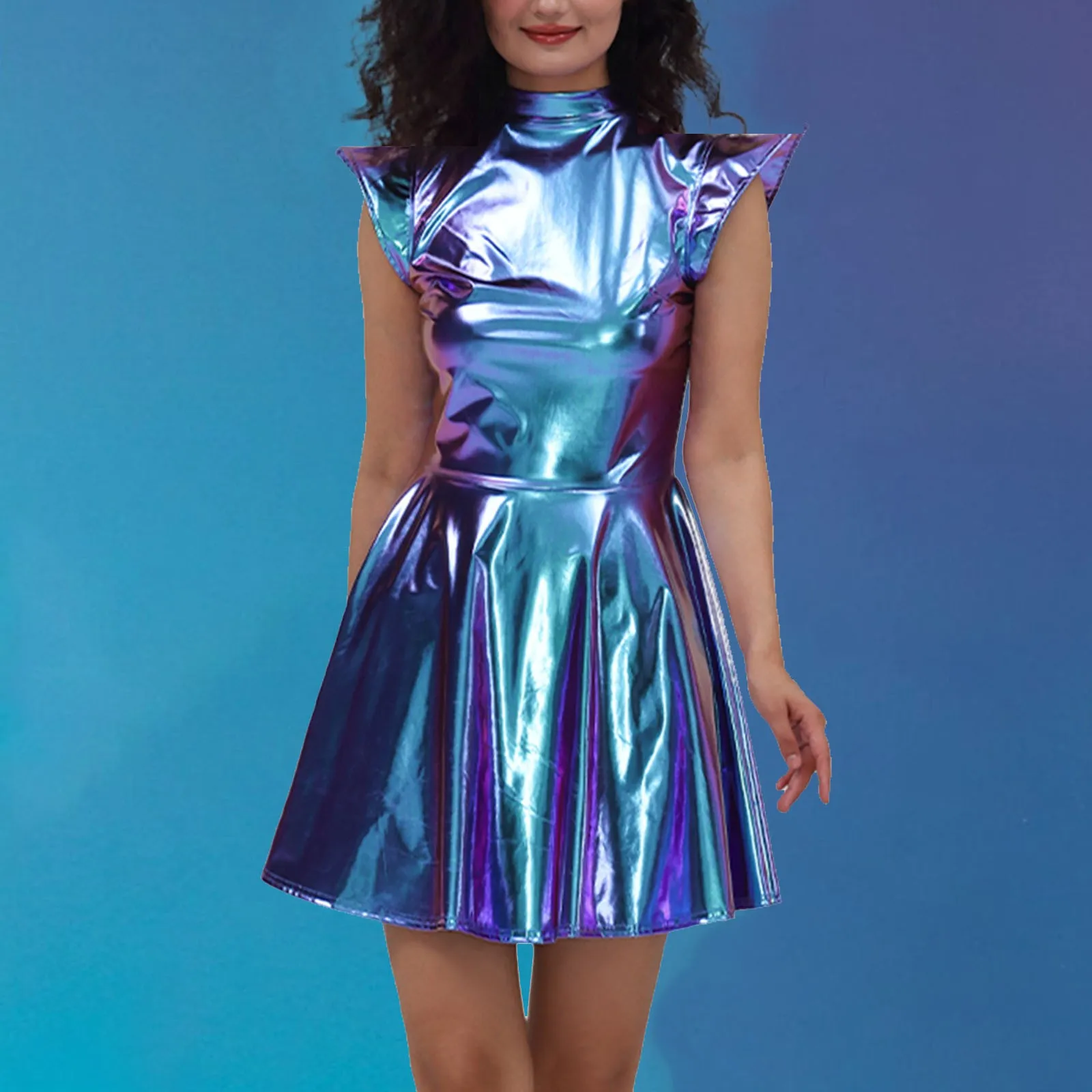 Metallic Women's Shiny Dress Holographic Solid Color Turtleneck Pleated Dress Carnival Costume Gold Silver Rave Dress Outfits