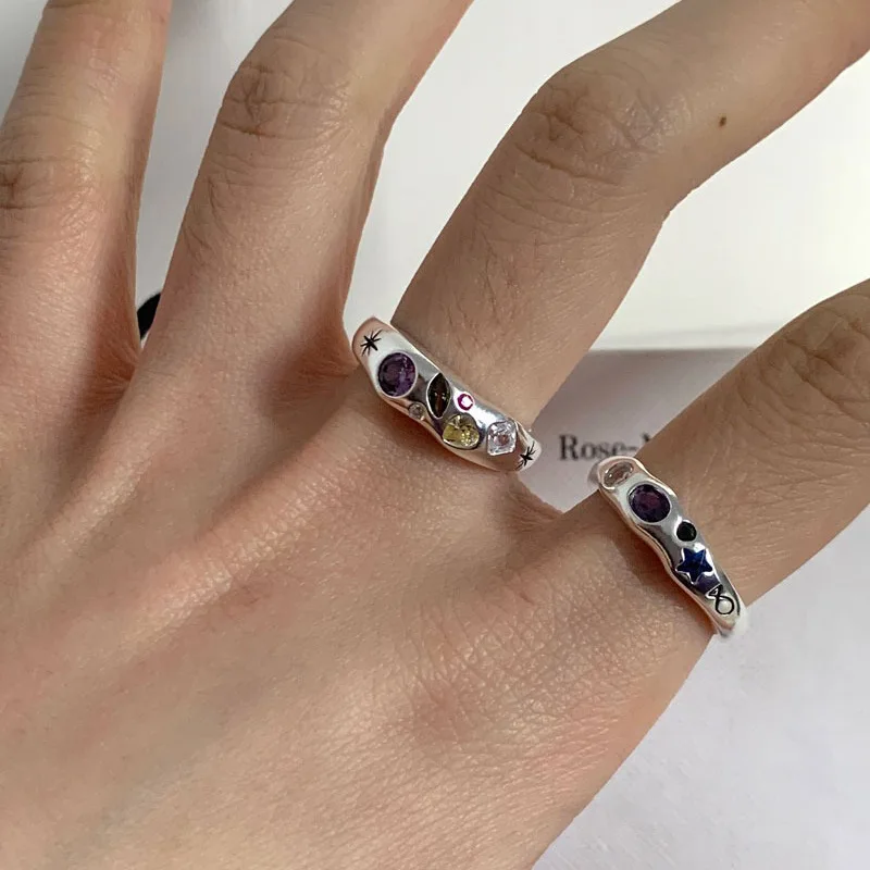 Kpop Colorful Zircon Star Rings for Women Irregular Metal Ring Retro Index Finger Aesthetic Jewelry Hip Hop Girls Accessories