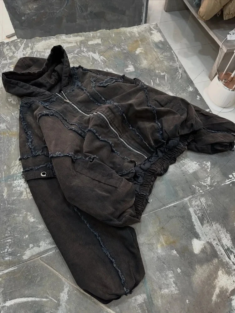 فاسق شارع العليا أزياء المدمرة نمط سستة هوديي الرجال متعدد جيب المطرزة البلوز العصرية ويسكي تصميم عارضة