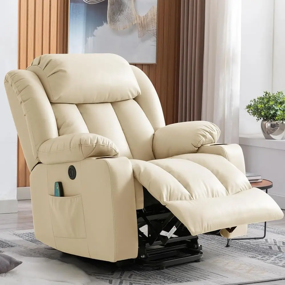 Cream Leather Electric Recliner with Heat, Massage, Cup Holders, USB Ports, and Side Pockets for Elderly Comfort