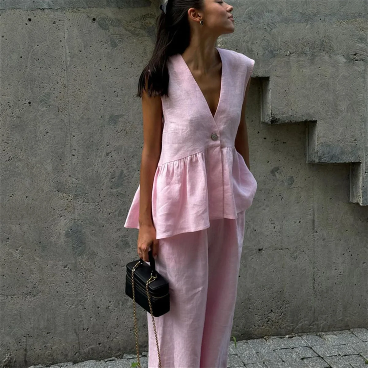 

Fashion Pink 2 Piece Set Women Summer Chic Elegant Outfit Single Breasted Sleeveless Ruffles Tank Top Loose Wide-leg Pants Sets