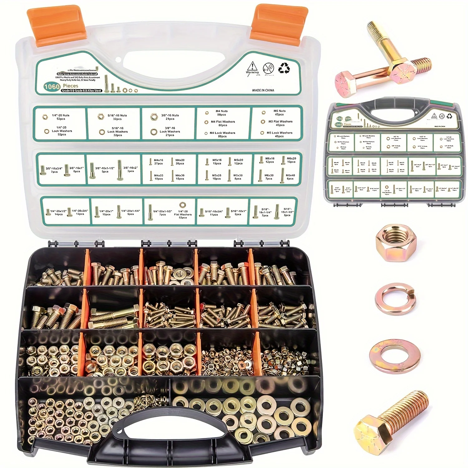 1060PCS SAE & Metric Bolts Nuts Assortment Kit 1/4-20 5/16-18 3/8-16 and M6 M5 M4 Heavy Duty Assorted Hex Bolts Washers Nuts