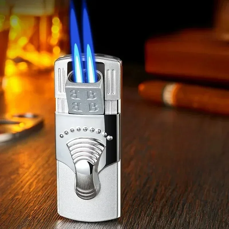 Portable Windproof Dual Direct Jet Blue Flame Lighter, High-end Hidden Ignition Port Inflatable Lighter, Business Gift