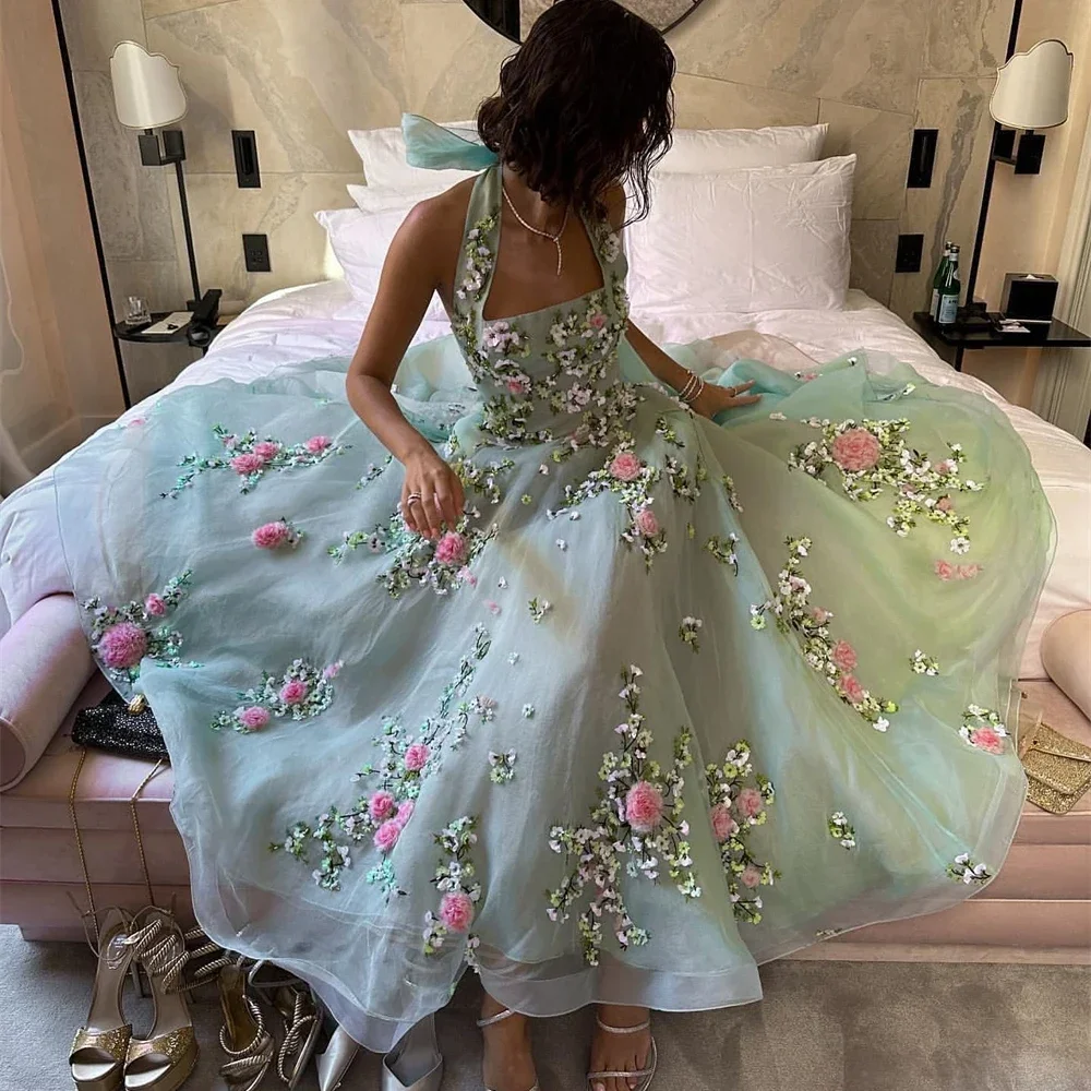 

Elegant Flowers Prom Dress Customized Halter Square Neck Beach A-line Evening Gowns Backless Ankle Length Party Dresses