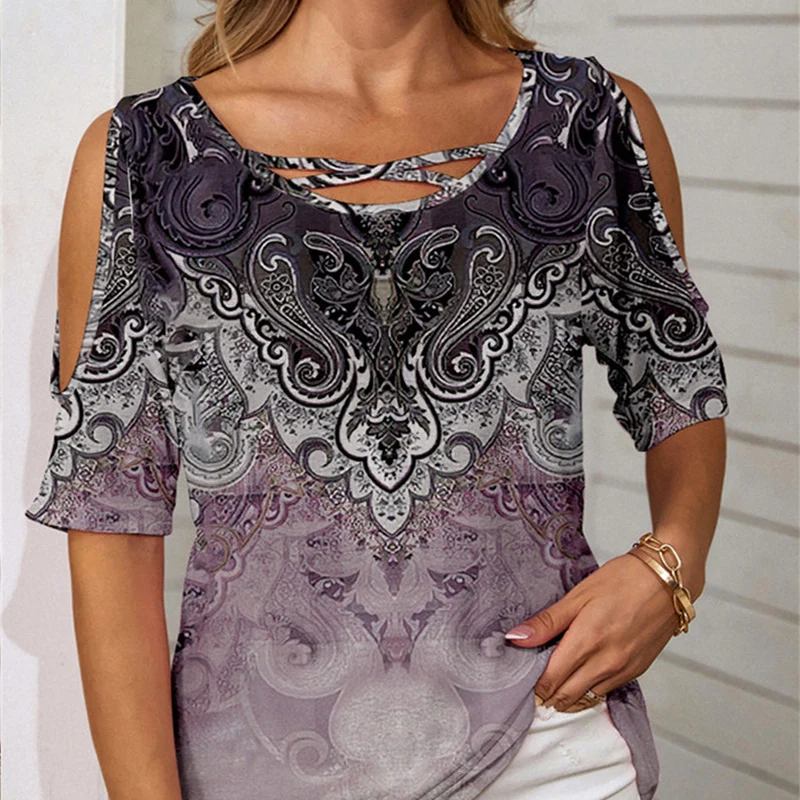 Summer Gypsy Vintage Blouses Women Contrasting Colors Wild Creative Elegant Round Collar Off Shoulder Half Sleeve Chic Clothes