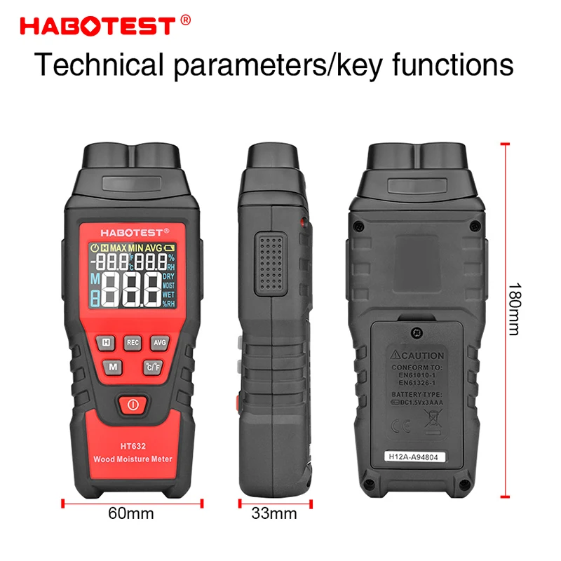 HT632 Wood Moisture Meter Wall Water Tester Digital Humidity Meter HABOTEST Two Pins Hygrometer Concrete Cement Brick Detector