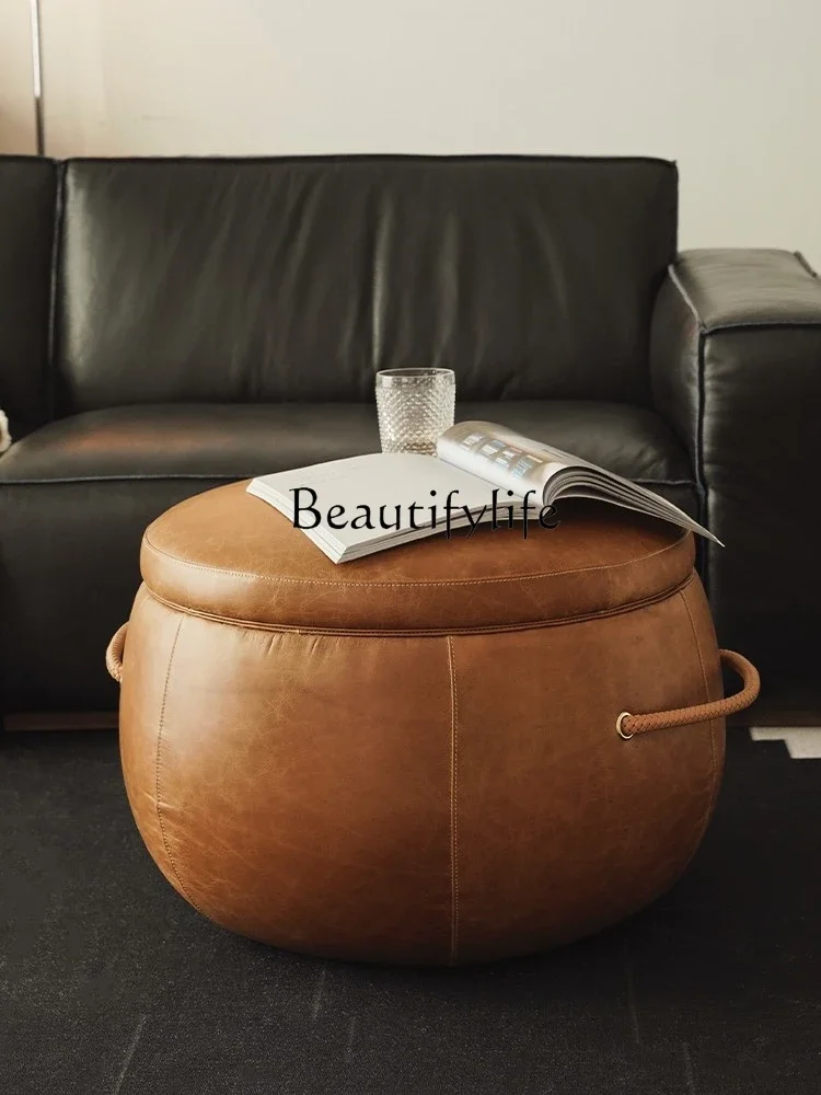 

S Antique Style Vintage Storage Tea Table Oil Wax Leather Side Table Designer Minimalist Creative Small Side Table