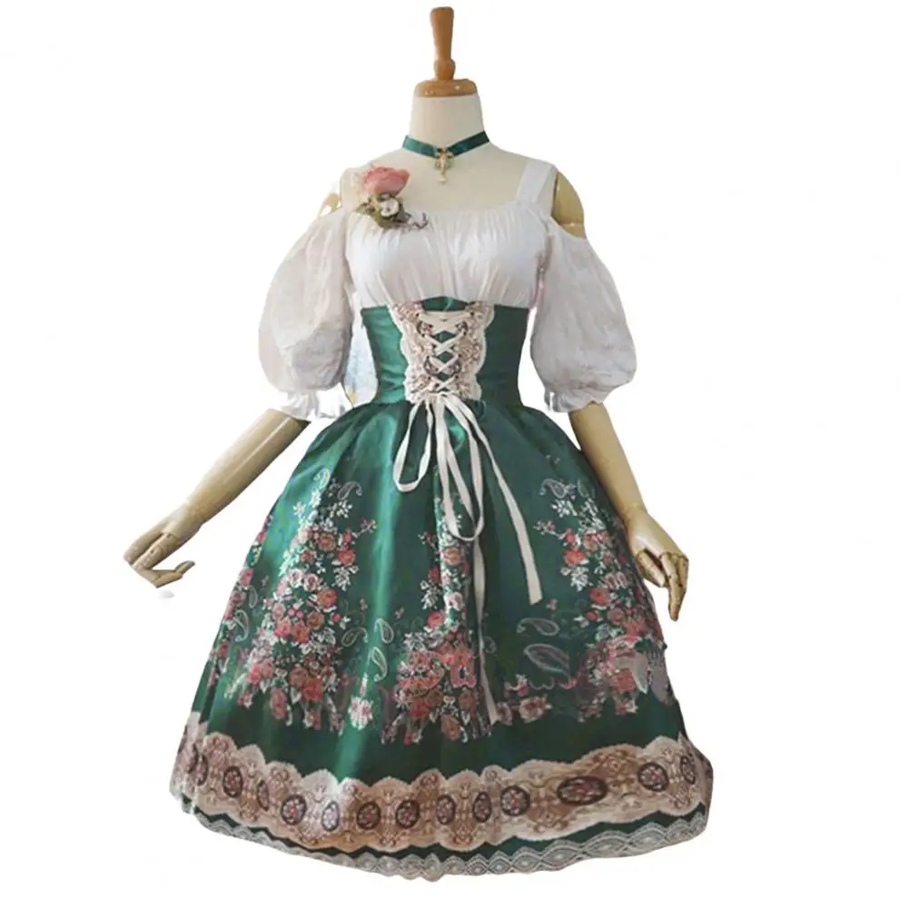 Style Dress Elegant Lolita Princess Style Performance Dress with Lace Floral Printing Off Shoulder Design for Halloween Cosplay