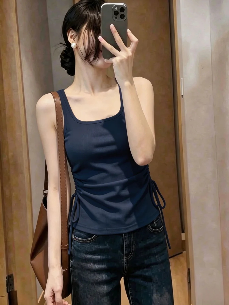 Women's 95 Cotton Summer Spring Strap Vest Drawstring Waist Control Underwear Outerwear Casual Simple Style Basic Top