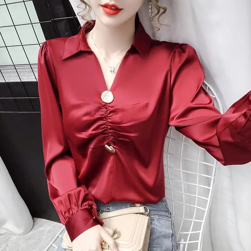 Vintage All-match Pleated Blouse Long Sleeve Polo Neck Solid Elegant Shirt Tops Spring Autumn New Fashion Office Women Clothing