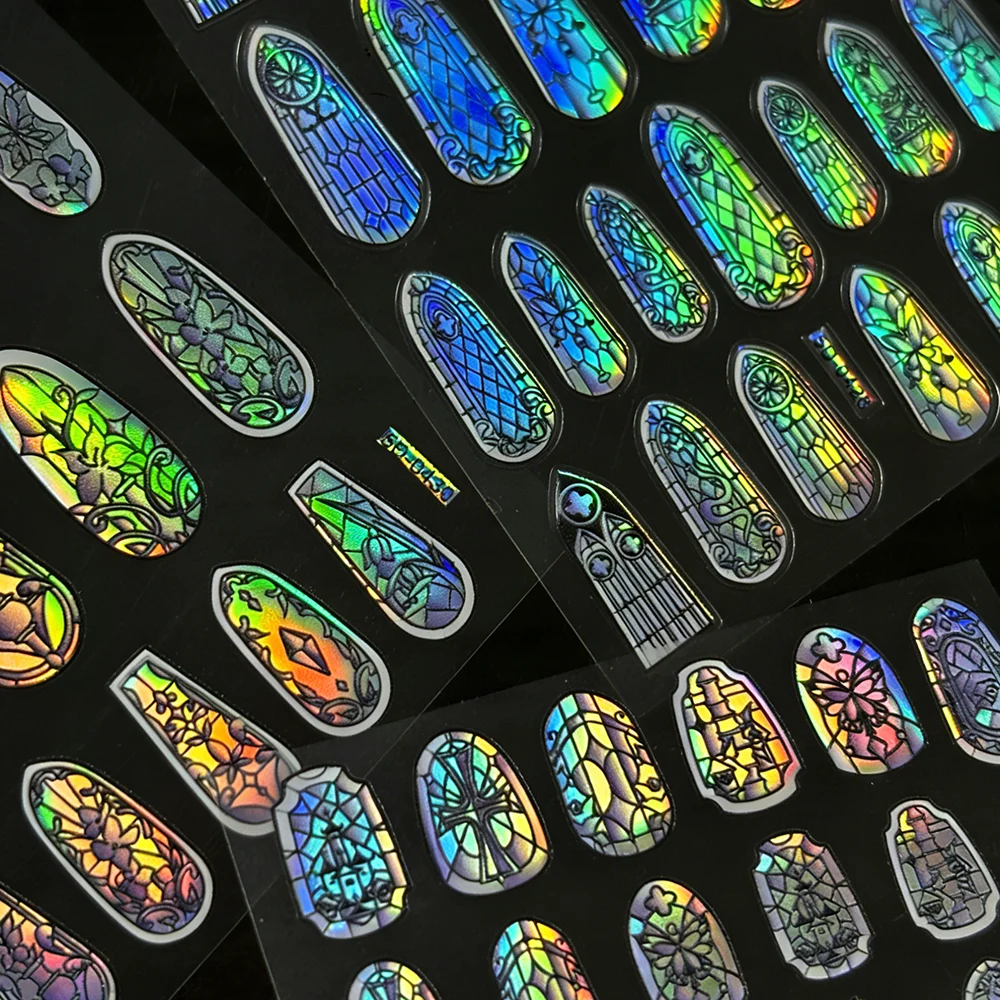 

1/3 шт. Лазерные голографические ретро-наклейки для ногтей с цветочным узором, блестящие глазурованные оконные цветочные наклейки для ногтей, самоклеящиеся геометрические французские наклейки для маникюра