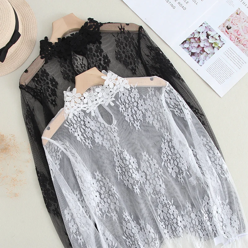 

Элегантная кружевная базовая блузка для женщин с длинным рукавом, ажурным сетчатым цветочным воротником, универсальный топ, создающий сказочный образ, для ношения под одеждой.