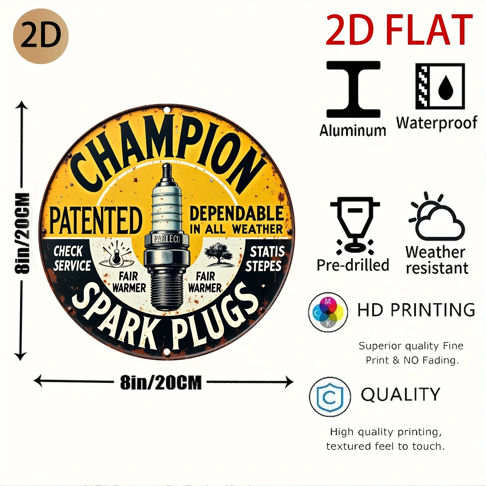 2D Flat - Vintage Tin Artwork Featuring a Circular Metal Spark Plug Logo, Perfect for Decorating a Car-Themed Space Like a Garag
