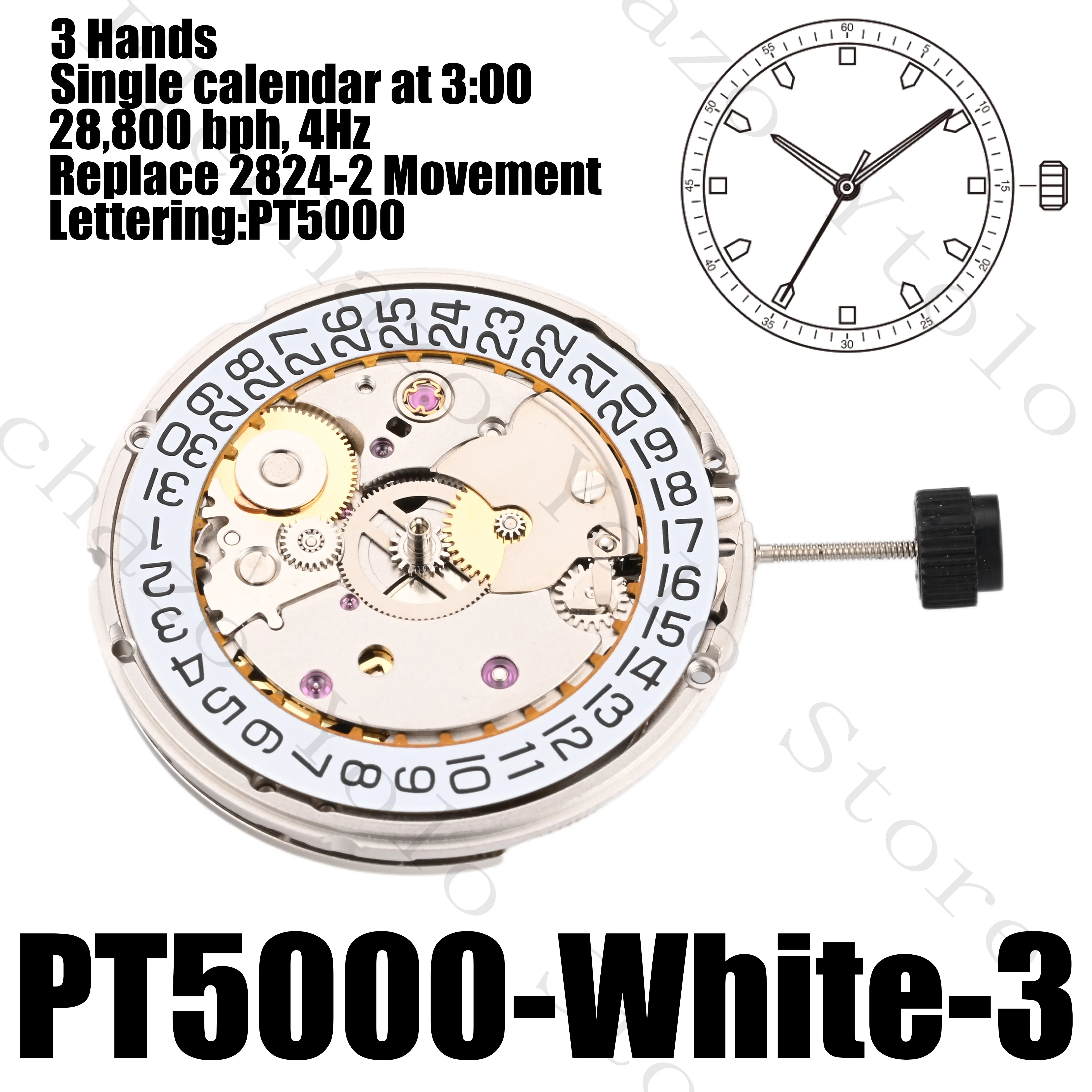 PT5000 Movement Automatic Mechanical Watch Movement 21600 Bph-28800 Bph Date Display Clone 2824 25 Jewels 25.6Mm Diameter