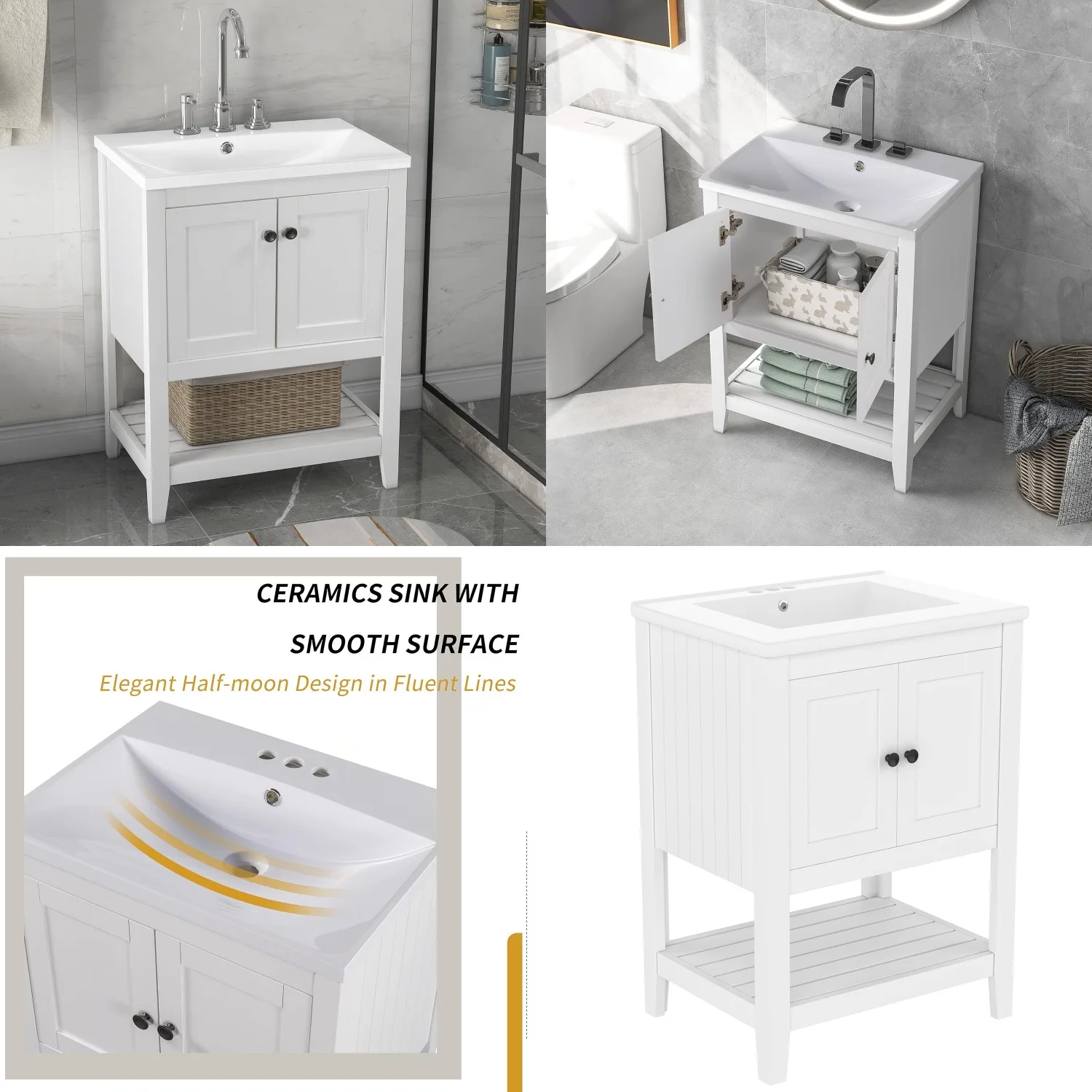 

24" Solid Wood Bathroom Vanity Cabinet with Sink Doors Open Shelf White, Customized