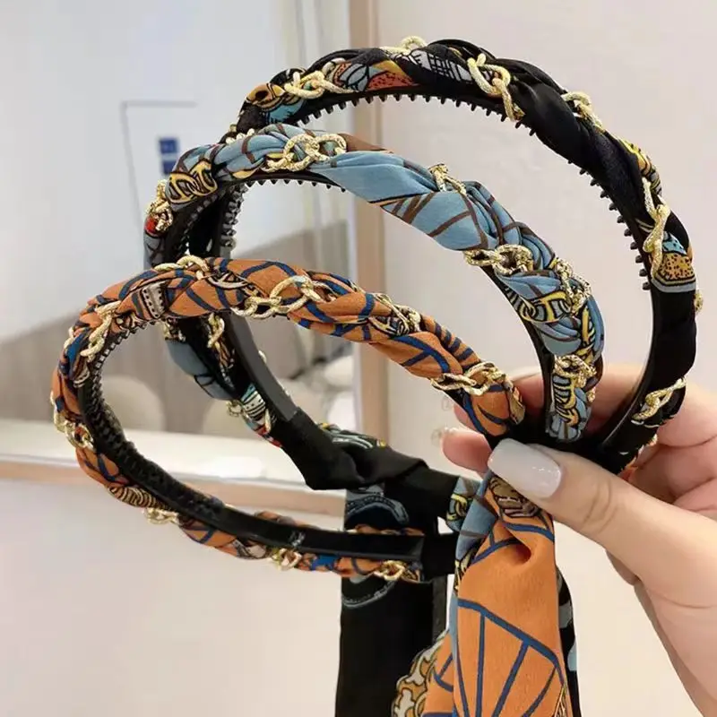 ヴィンテージサテンヘアクラウン 1 個チェーンリボンヘッドバンドオールインワン三つ編みアクセサリーリーガルホールドヘアバンド女性のための