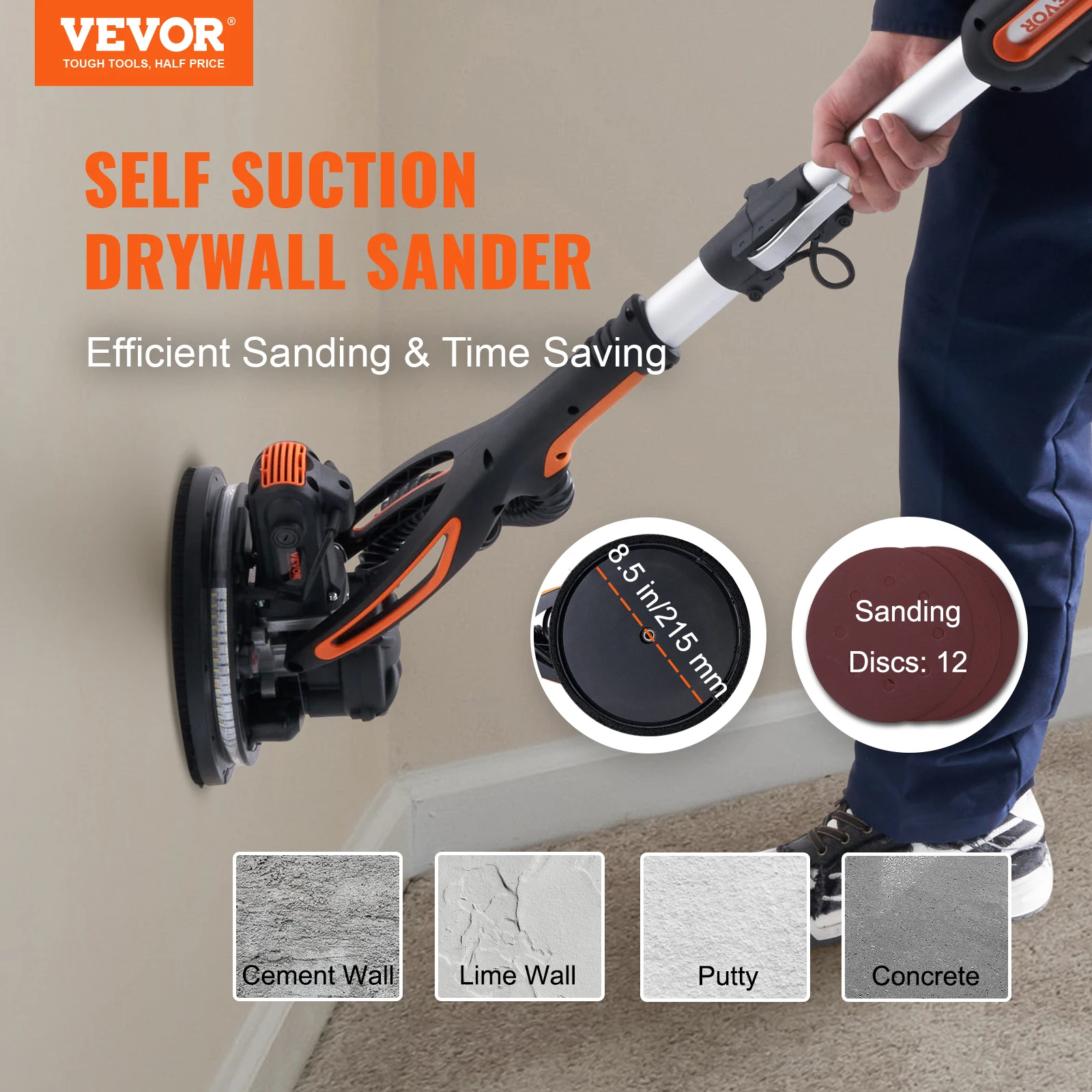 VEVOR 850W Drywall Sander Brush Motor Electric Adjustable Variable Speed with Self-Suction Handle Wall Grinder Sander Machine