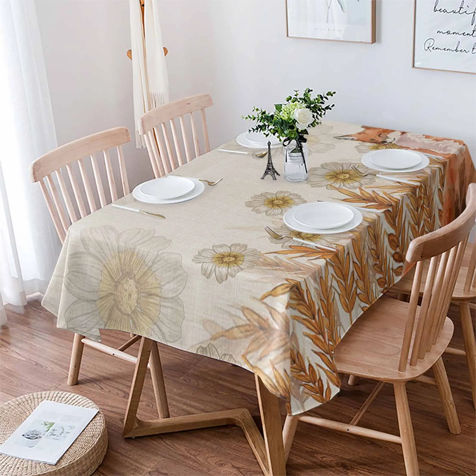 

Wheat Ear Daisy Fox Tablecloth Waterproof Dining Table Rectangular Round Table Cover Home Kitchen Decoration