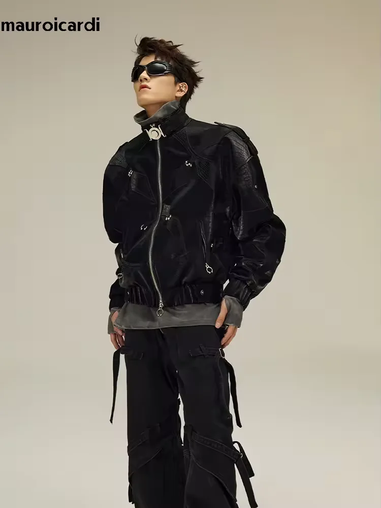 Mauroicardi Spring Autumn Cool Handsome Crocodile Print Patchwork